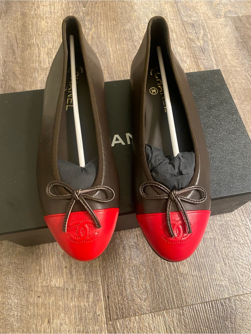 CHANEL by Matthieu Blazy Dark Brown Leather Ballet Flats with Red toe